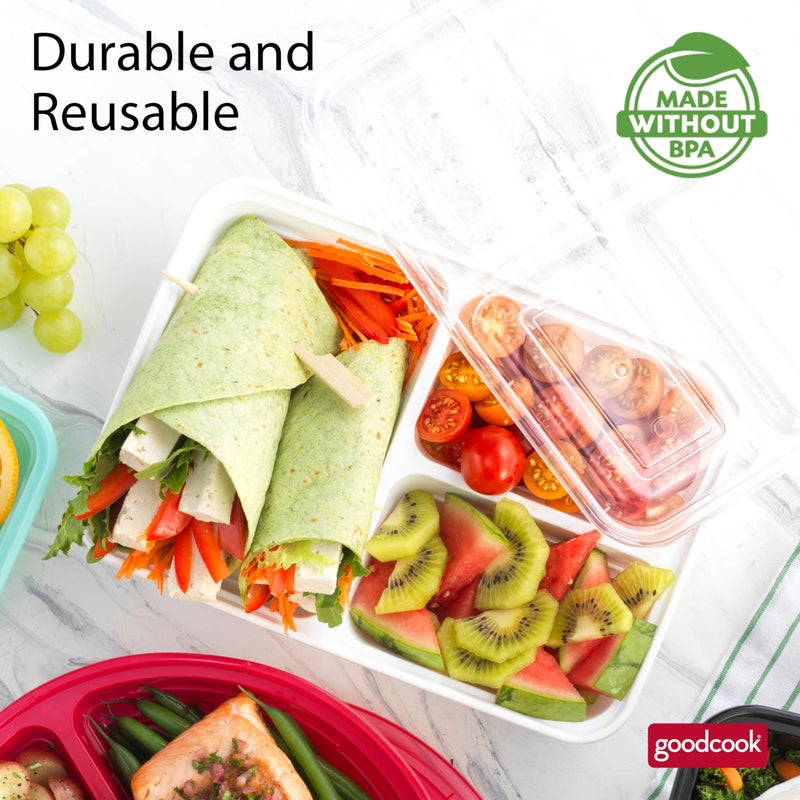 GoodCook Meal Prep Rectangle Three Compartment 20-Piece, White, Made without BPA - Image 4